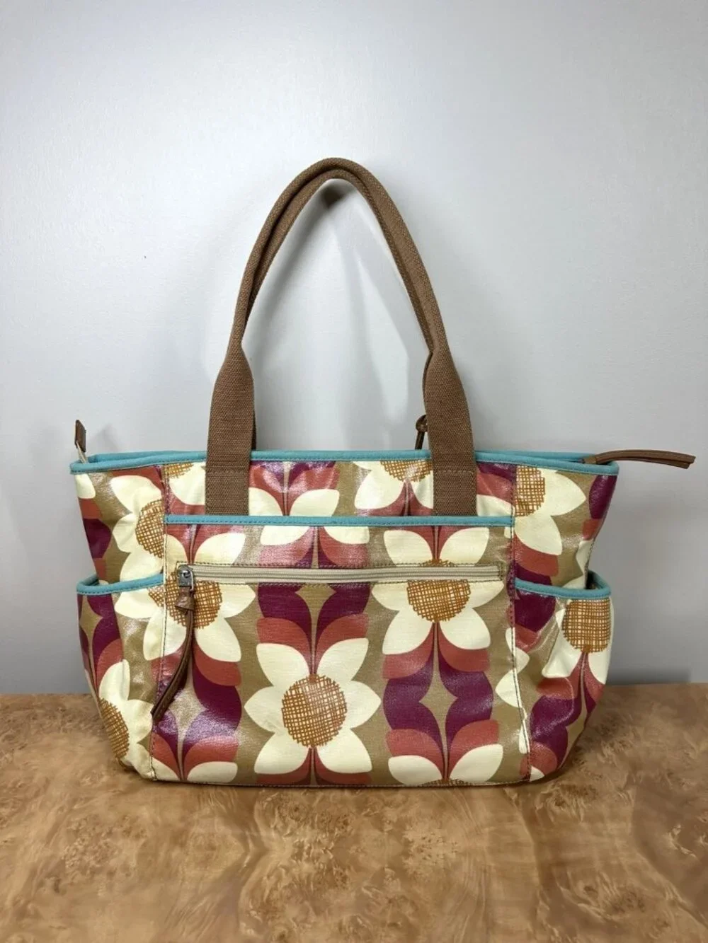 Fossil Key-Per Floral Coated Canvas Diaper Bag Large Tote Retro Y2K